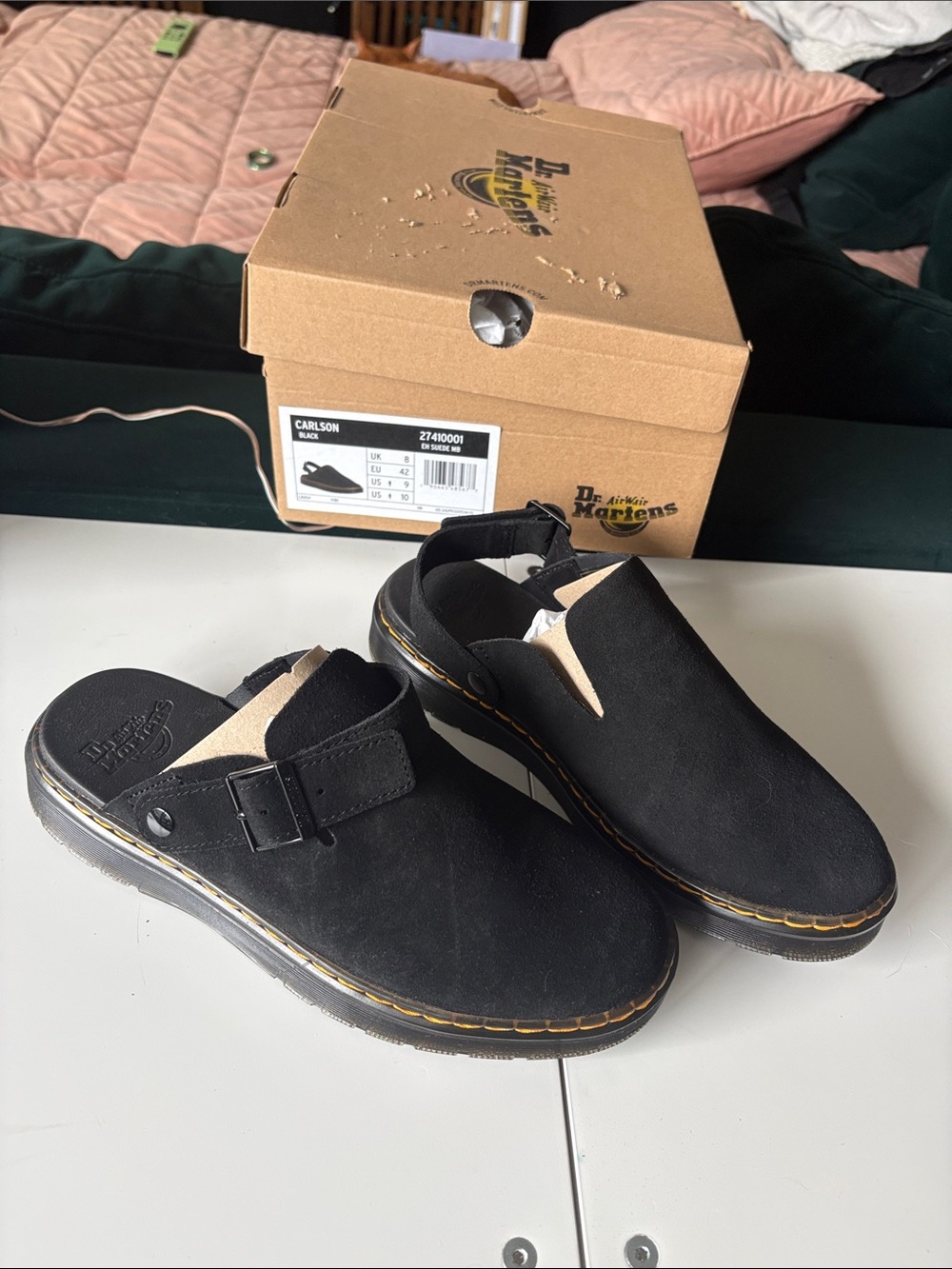 Dr. Martens Black Suede Carlson Slip-On Clogs with Yellow Stitching